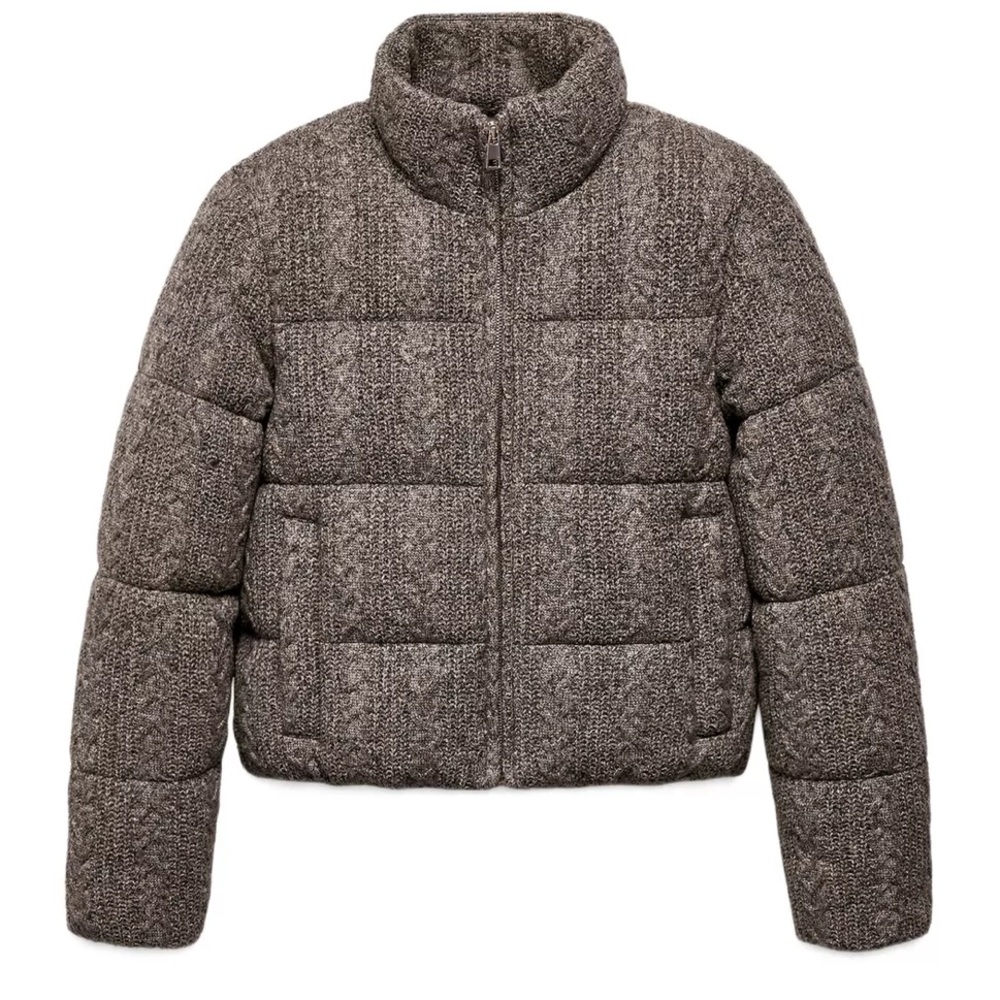 Zara cableknit puffer in a light brown heather